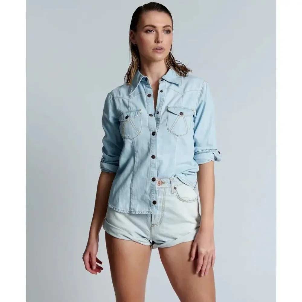 One Teaspoon Fitted Denim Shirt Snap Button Western Blue Small
